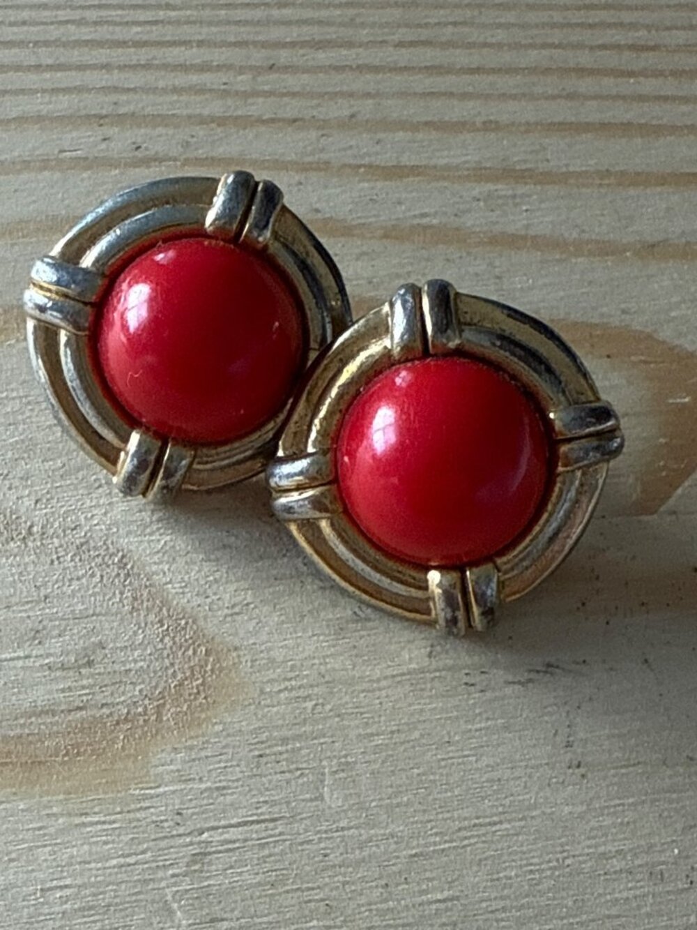Vintage 80s White Stag Red Cabochon Gold Chunky Statement Pierced Earrings